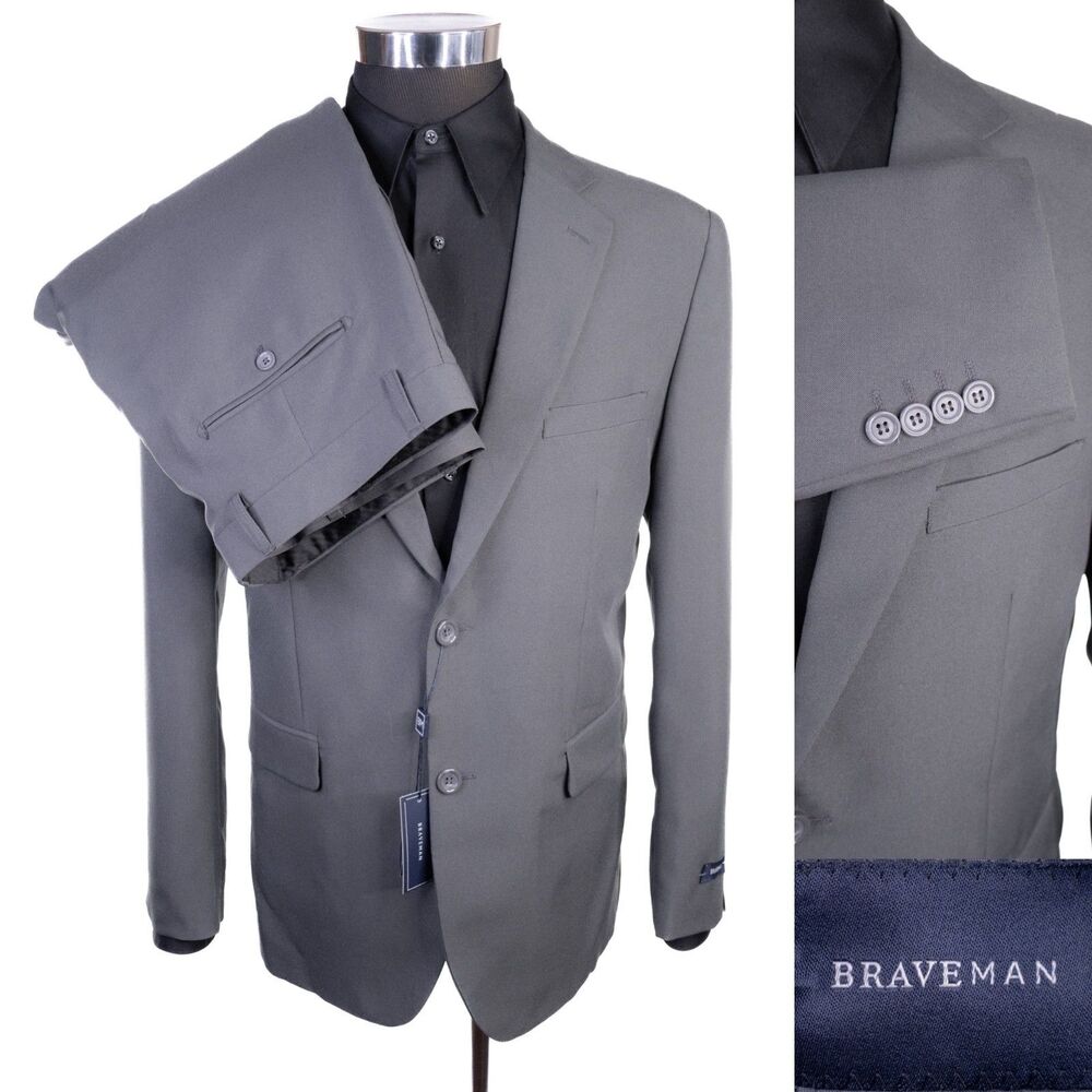 Braveman 2-Pc Suit Solid 2-Button Jacket 40R / Pants 34W Polyester NEW w/ Tags